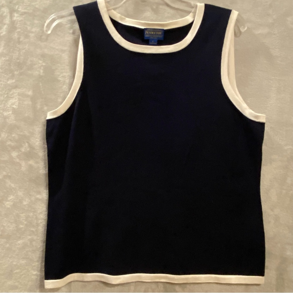 Pendleton Shirt Womens Large Navy White Sleeveless Crewneck Tank Silk Blend New